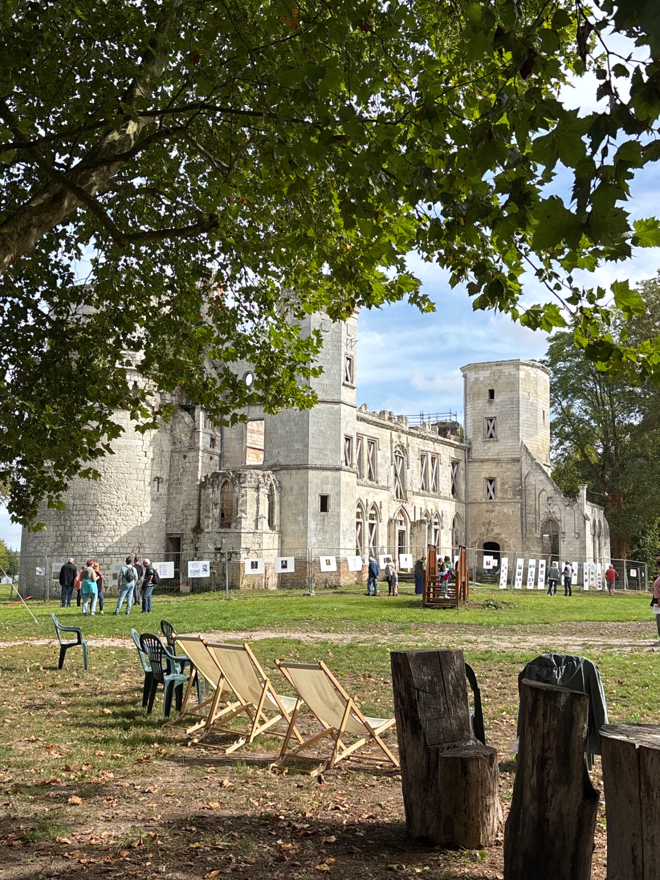 Le château de Pont-Rémy vu du parc, encadré par les branches d’un platane